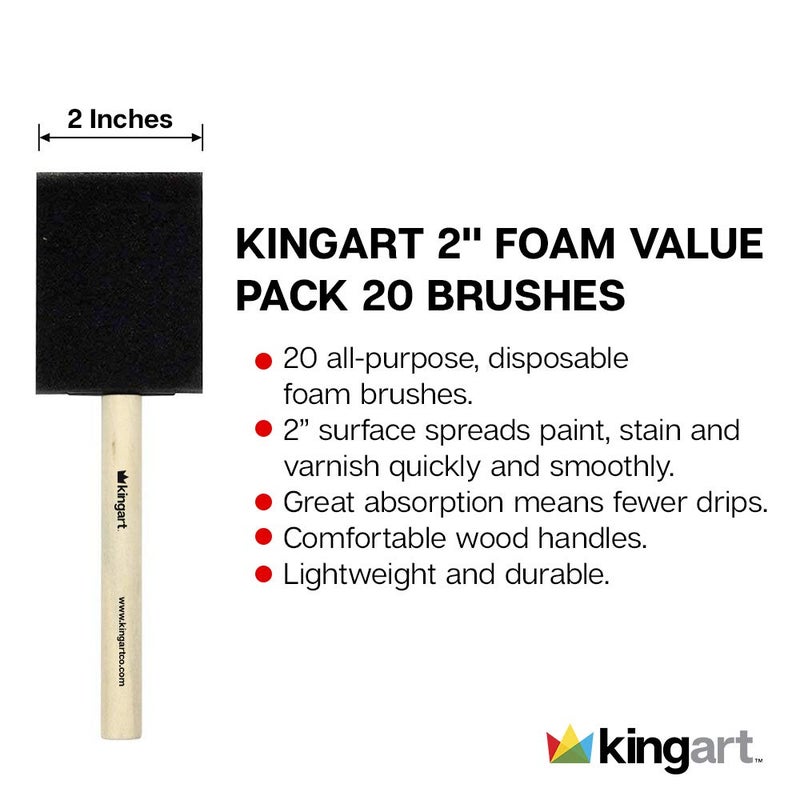 KINGART 242-20 Foam 20 Pc. Value Pack 2" Brush Set, Short Wood Handle, for Oil, Acrylic & Watercolor Paint, Great for Crafts, DIY Home Projects, Hobbies & Group Activities - Image 2